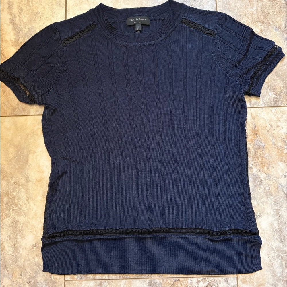 NWOT Rag & Bone Short Sleeve Ribbed Sweater Navy Blue Women’s Size SP